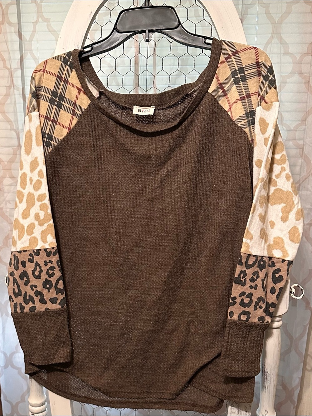 BiBi Brown Patchwork Crewneck Top with Plaid & Animal Prints